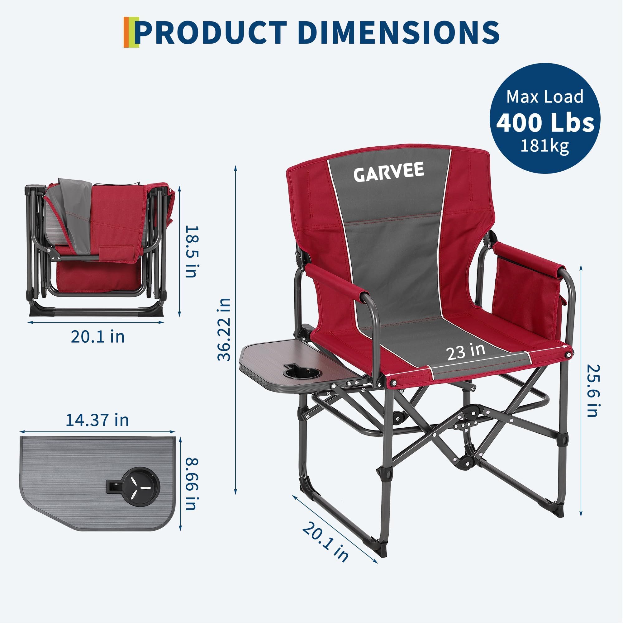Garvee Oversized Directors Camping Chair with Side Table, Heavy Duty Portable Folding Chair for Adults, Supports 400 lbs, Red, 2 PCS