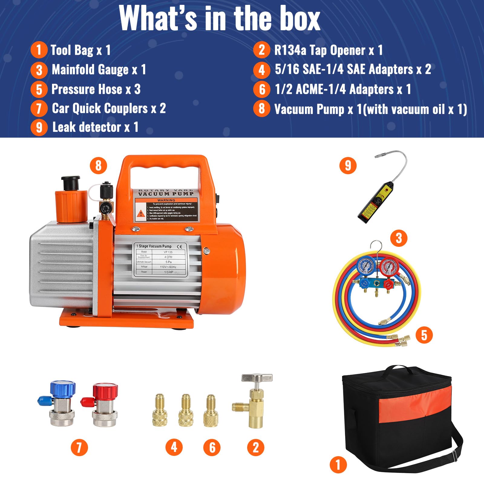 Garvee 110V 1/3 HP 4CFM Single Stage Rotary Vane Air Vacuum Pump and R134a AC Manifold Gauge Set Kit with Leak Detector Carry Bag for HVAC Air Conditioning Refrigeration Recharging ETL Listed