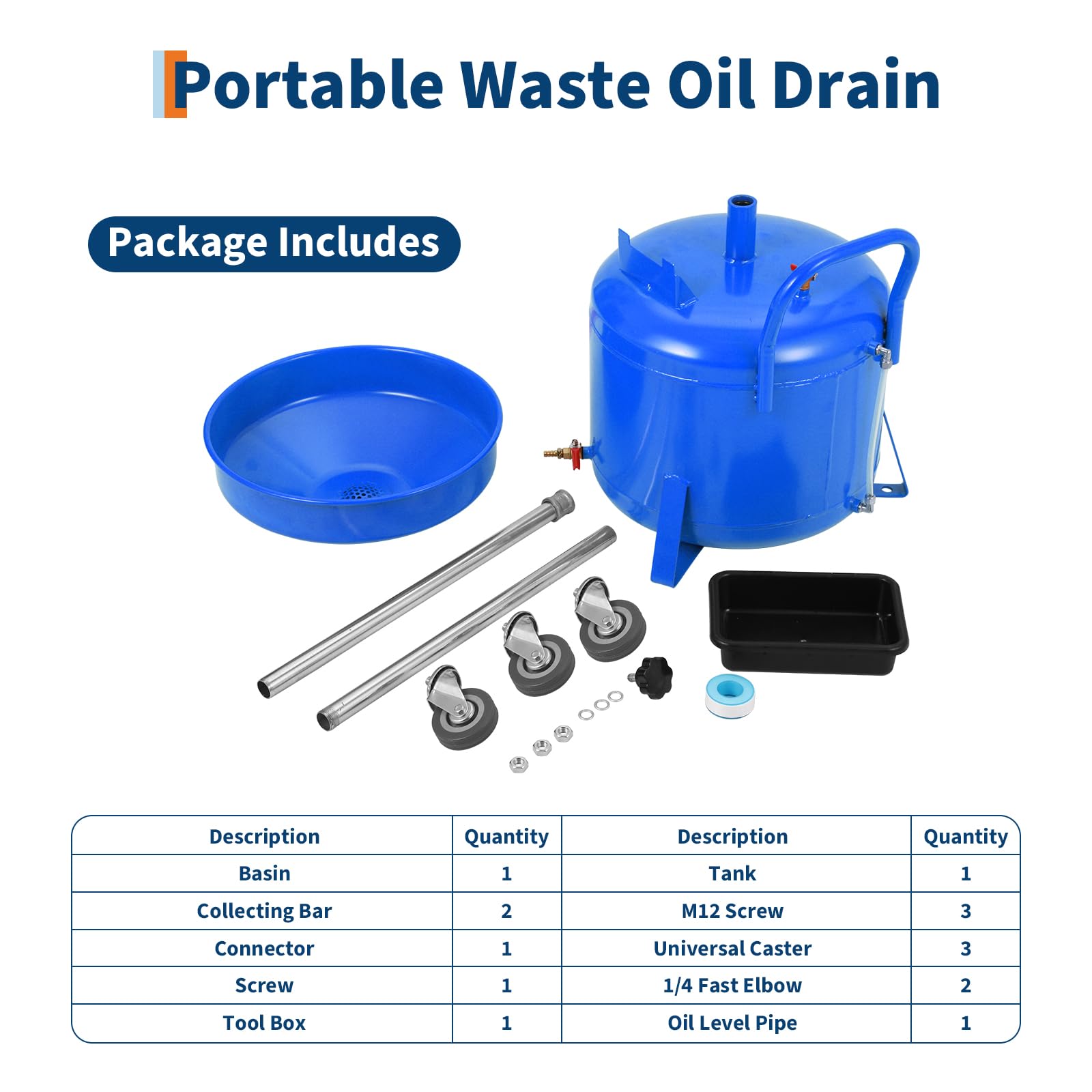 Garvee 8 Gallon Oil Drains Container Tank With 15 in Funnel, Adjustable Height 28"-62", Heavy-Duty Rust-Proof Wheels, Built-in Toolbox for Auto Repair, Blue