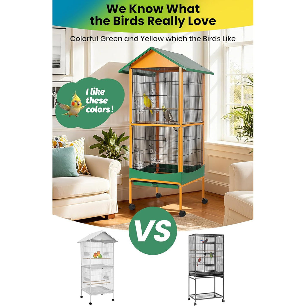 Garvee Extra Large Bird Cage 66''H with Removable Tray Waterproof Roof Lockable Caster Indoor Outdoor Yellow Green
