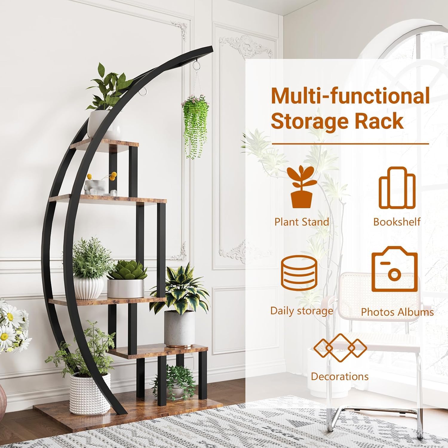 Garvee 5-Tier Half Moon Indoor Plant Stand - Metal Flower Shelf with Hanging Hooks for Indoor Gardening & Home Decor