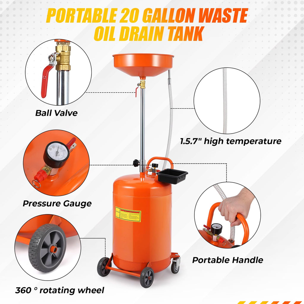 Garvee 20 Gallon Oil Drain Tank, Portable Oil Drain Container with Adjustable Funnel Height 38"-65", Air Operated Drainage Fluid Fuel Transfer Drainage with 360° Wheels & Toolbox