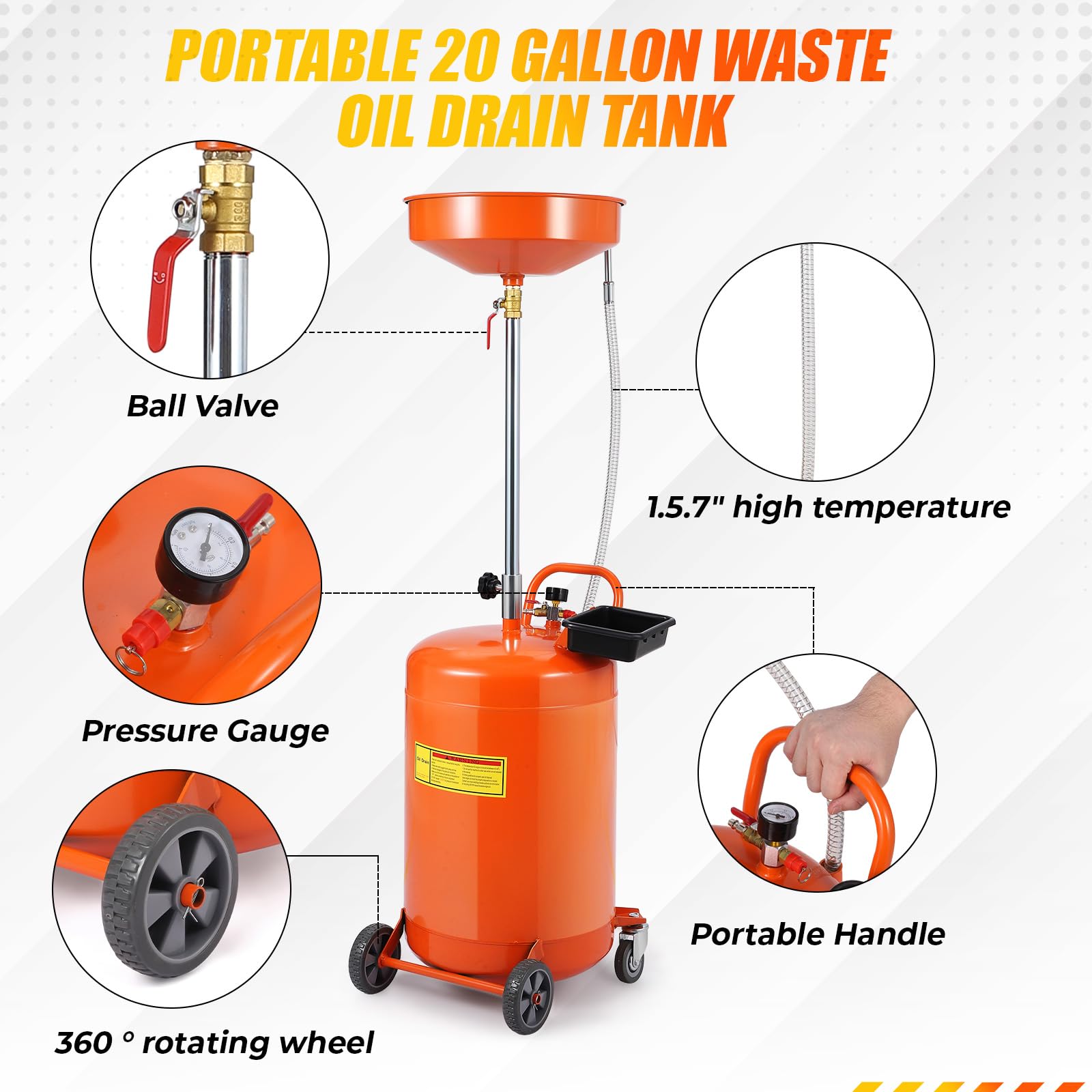 Garvee 20 Gallon Oil Drain Tank, Portable Oil Drain Container with Adjustable Funnel Height 38"-65", Air Operated Drainage Fluid Fuel Transfer Drainage with 360° Wheels & Toolbox