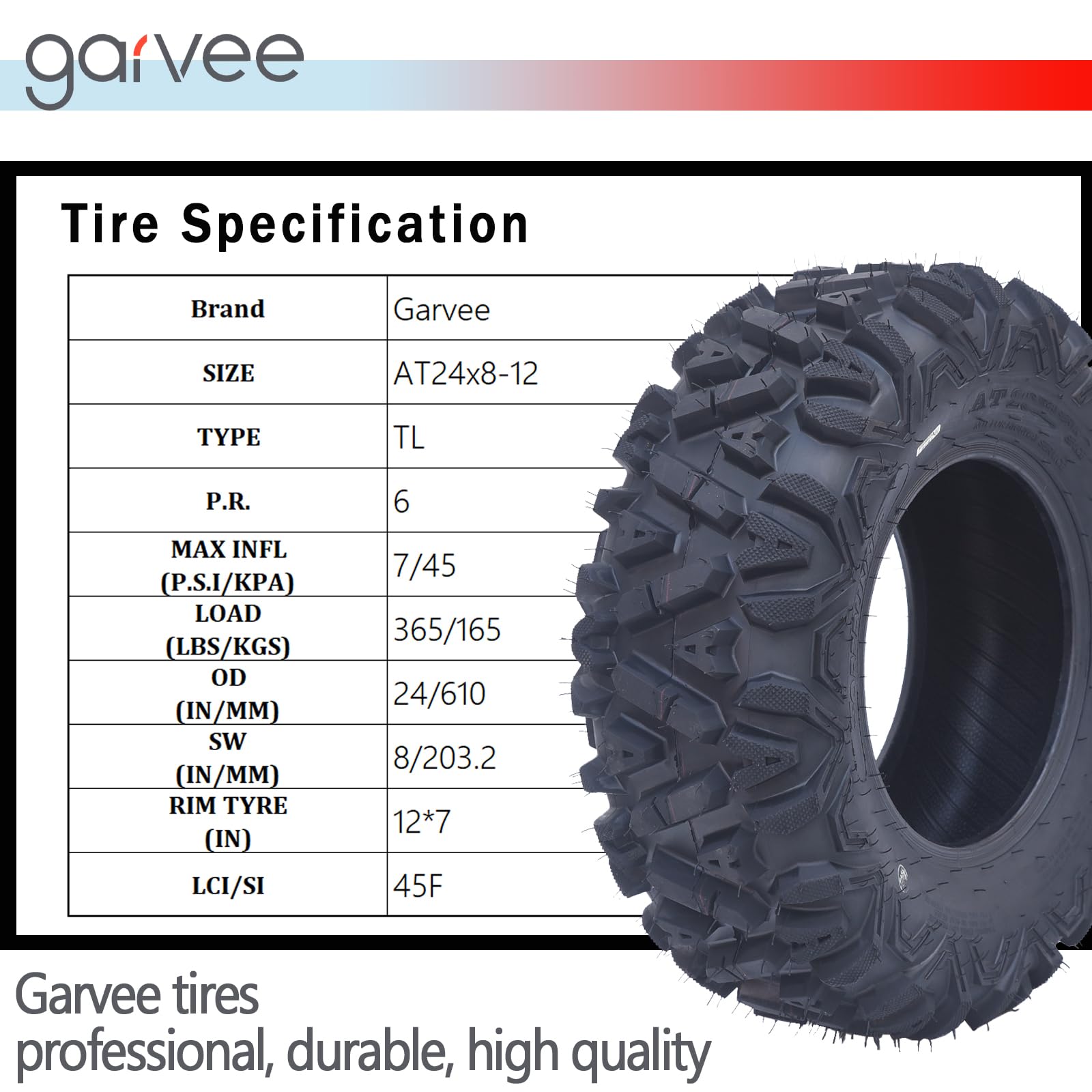 Garvee Set Of 4 ATV UTV All-Terrain Tires 24x8x12 6PR & 24x9x11 6PR Radial Construction Non-Directional Tread For 11-12 In Rims Black