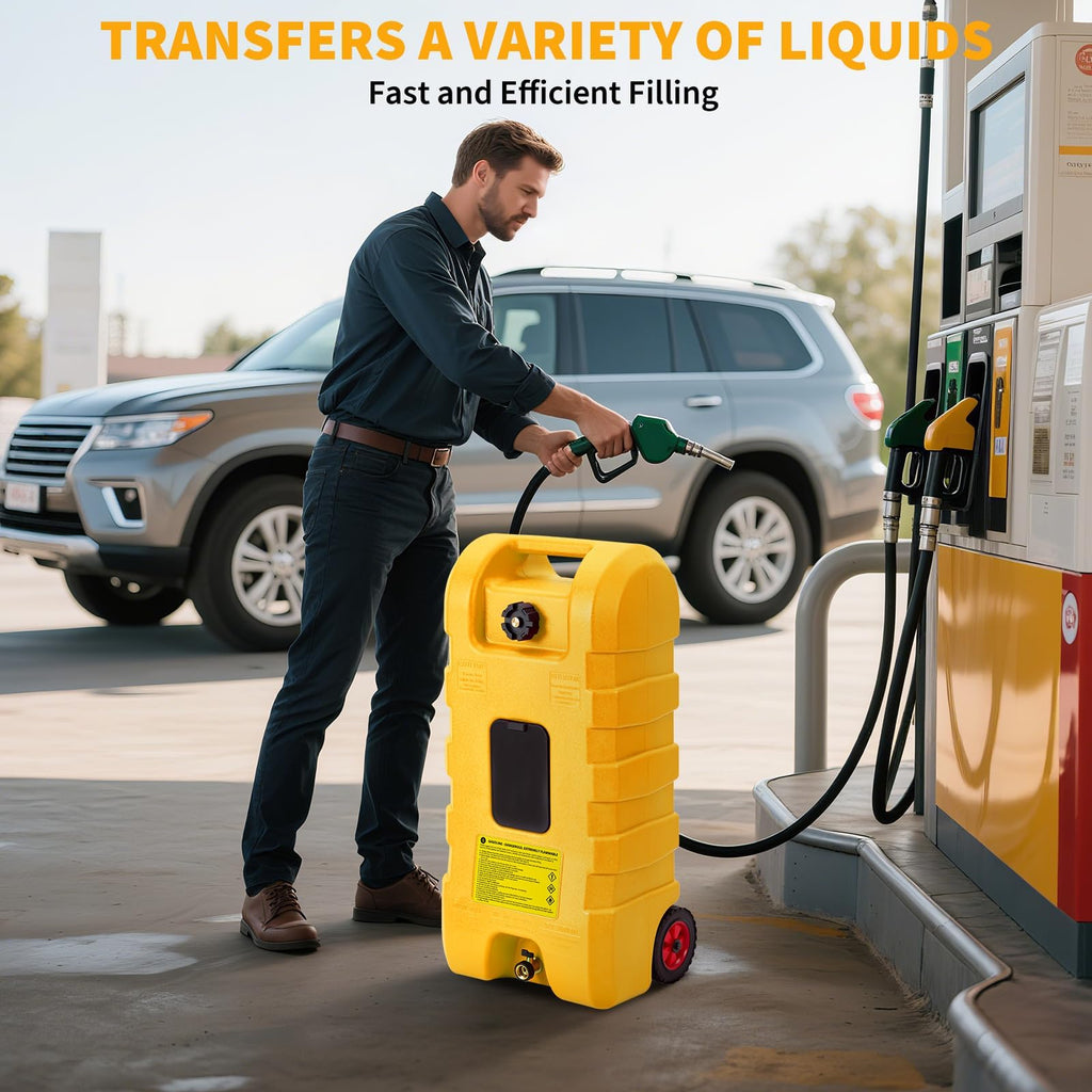 Garvee Upgraded 16 Gallon Gas Tank, Heavy-Duty Fuel Can with Manual Transfer Pump, 10FT Hose, and Casters, Leak-Proof Portable Gas Container for Lawn Mowers, Tractors, Boats, and Snow Blowers, Yellow