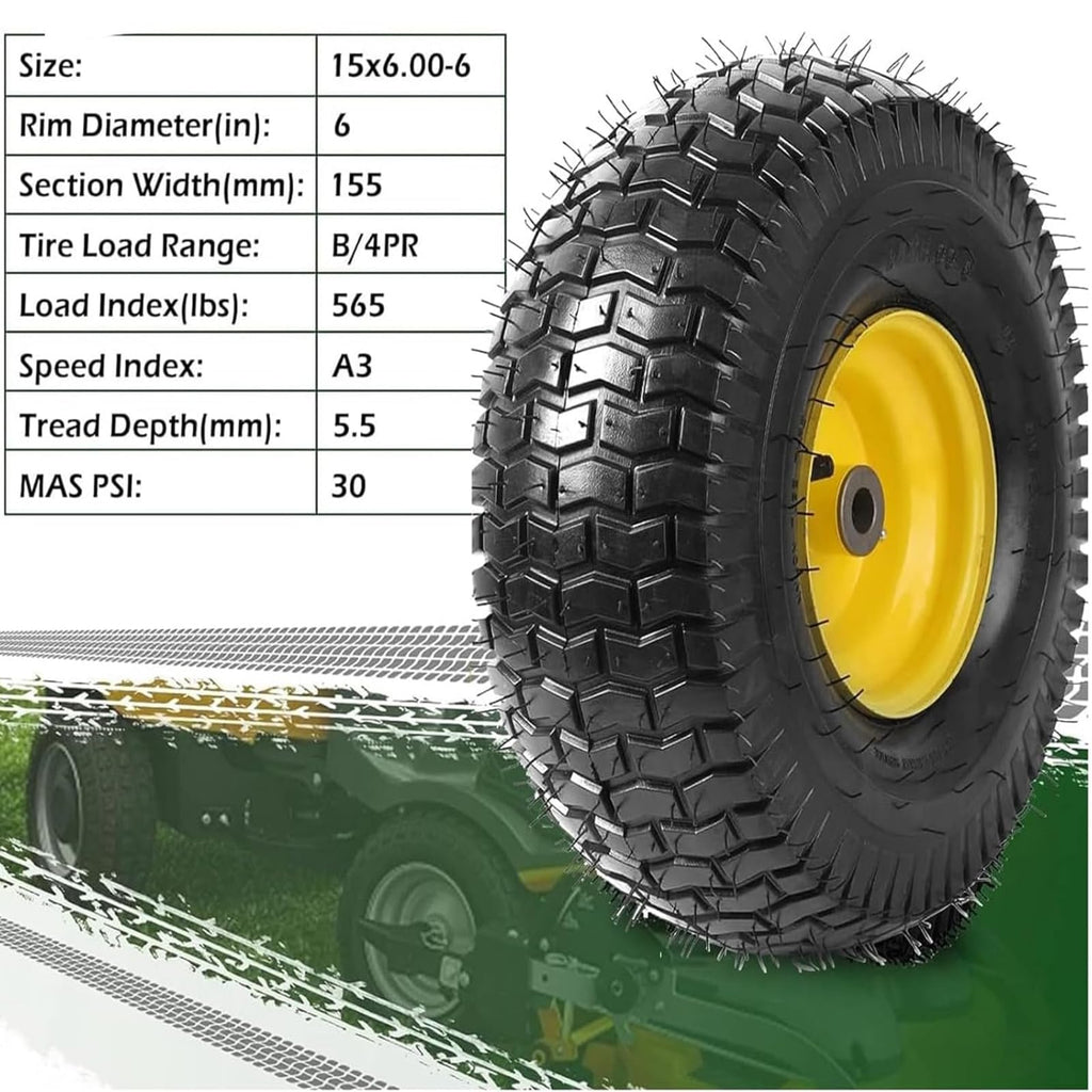 Garvee 15x6.00-6 Lawn Mower Tires with Rim (Fit Most John Deere Riding Mowers), 3" Offset Hub, 3/4" Bushing, 4 Ply Tubeless, 15x6-6 Tractor Turf Tire, 570lbs Capacity, Set of 2