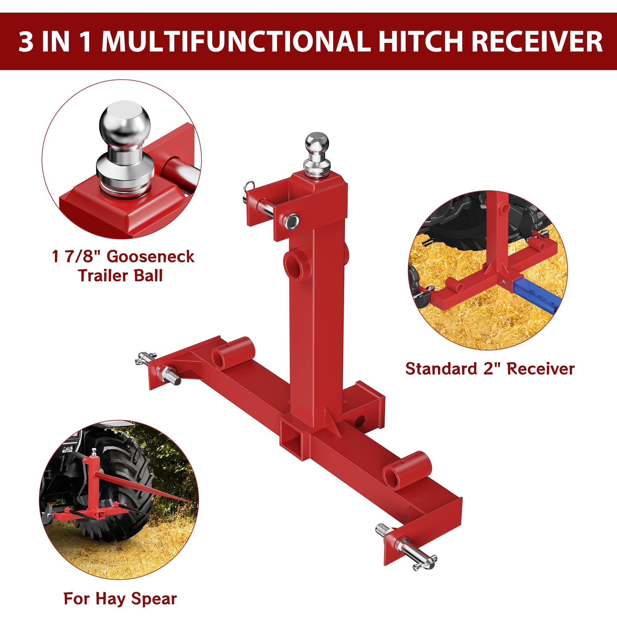 Garvee 3 Point Trailer Hitch with 2" Receiver, 3000 lbs Capacity Tow Hitch with Trailer Gooseneck Ball for Category 1 Tractor