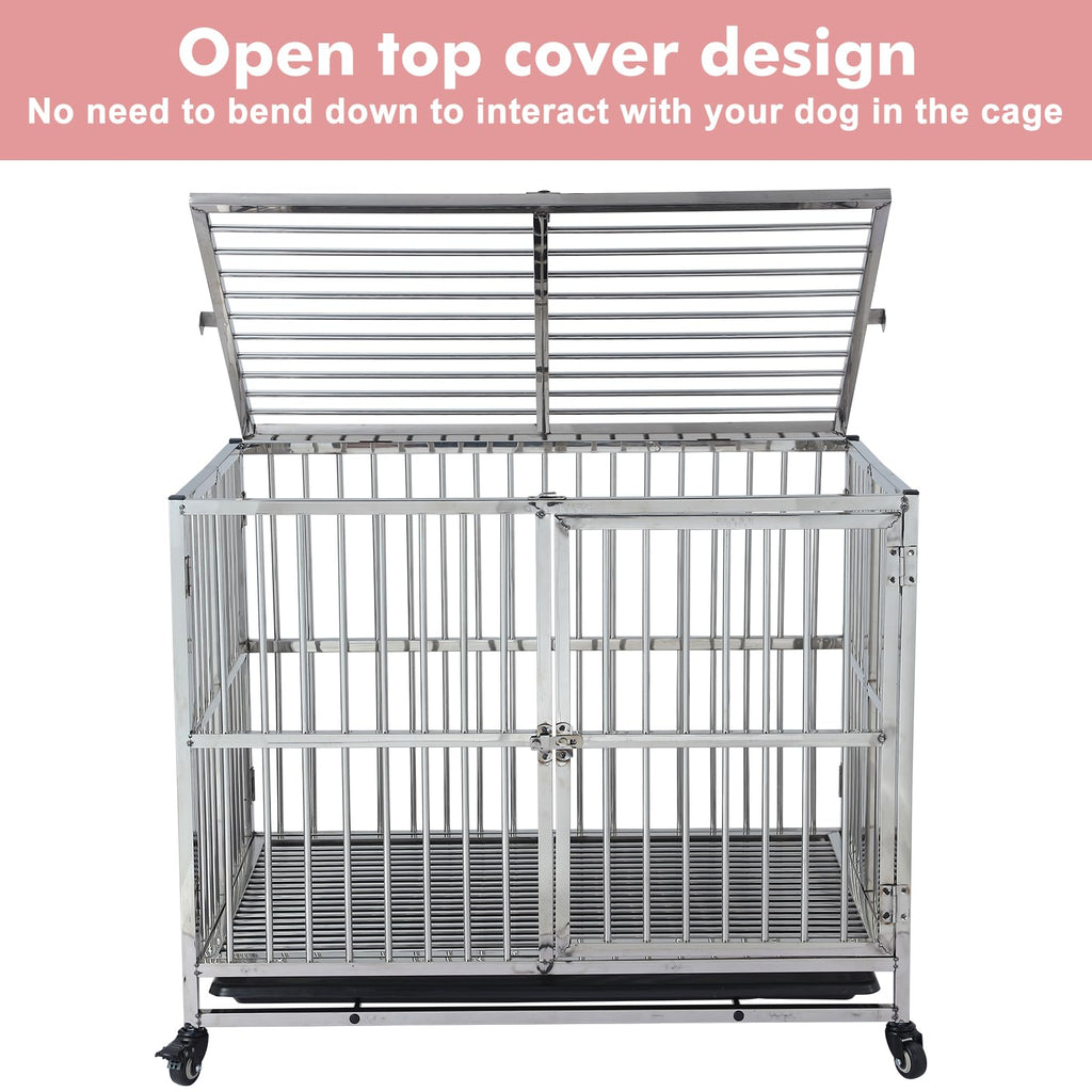 Garvee 38" Heavy Duty Indestructible Dog Crate Steel Escape Proof Dog Cage Kennel for Small Medium Large Dogs Indoor Double Door High Anxiety Dog Crate with Wheels, Lock& Removable Tray, Silver (38 Inch)