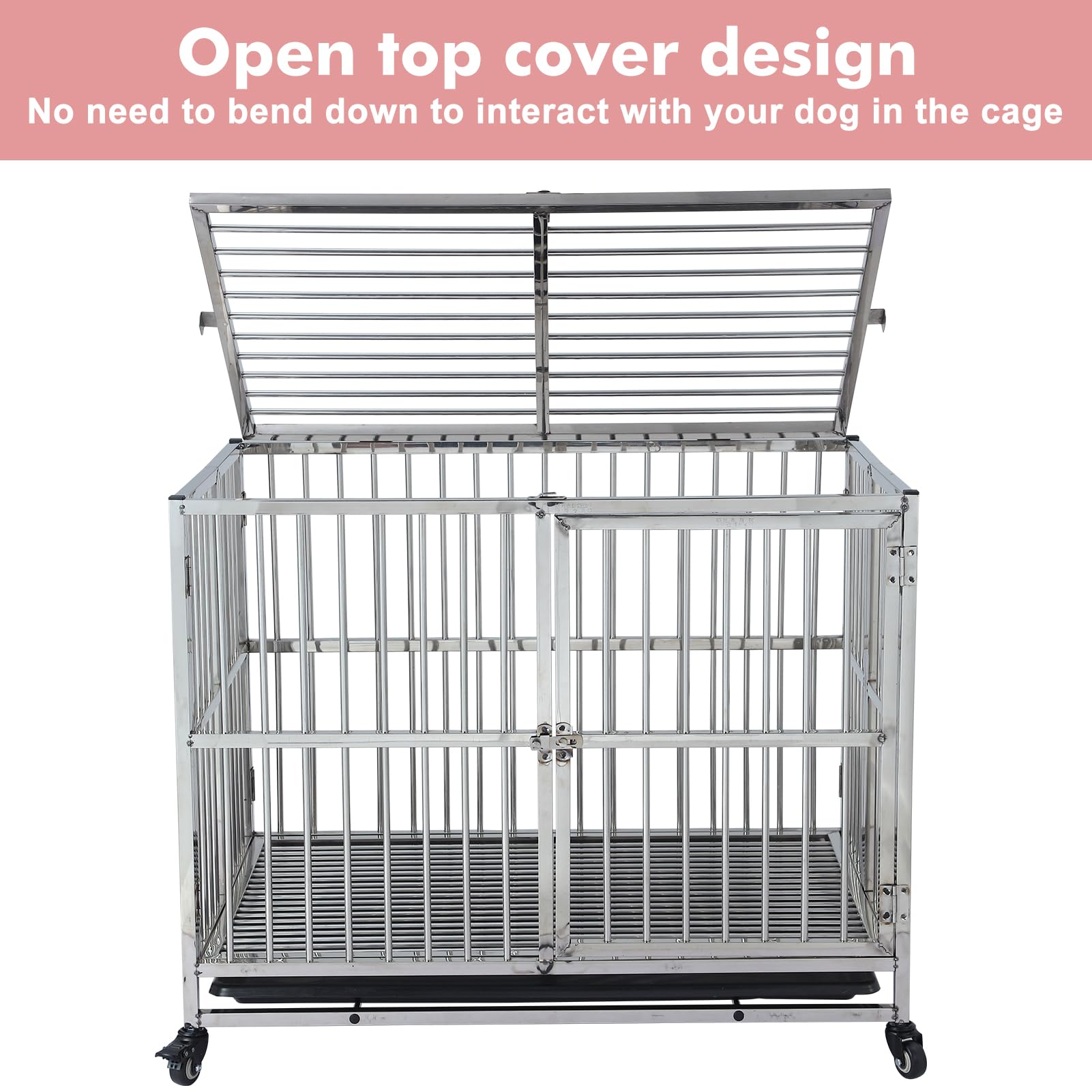 Garvee 38" Heavy Duty Indestructible Dog Crate Steel Escape Proof Dog Cage Kennel for Small Medium Large Dogs Indoor Double Door High Anxiety Dog Crate with Wheels, Lock& Removable Tray, Silver (38 Inch)