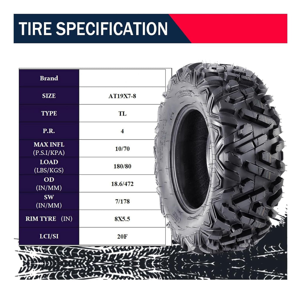 Garvee Set Of 4 ATV Tires 19x7-8 Front & 18x9.5-8 Rear Tubeless All-Terrain Mud Trail Tires 6 PR Black