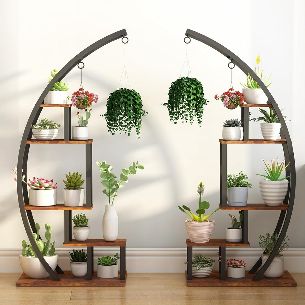 Garvee 5-Tier Half Moon Indoor Plant Stand - Metal Flower Shelf with Hanging Hooks for Indoor Gardening & Home Decor