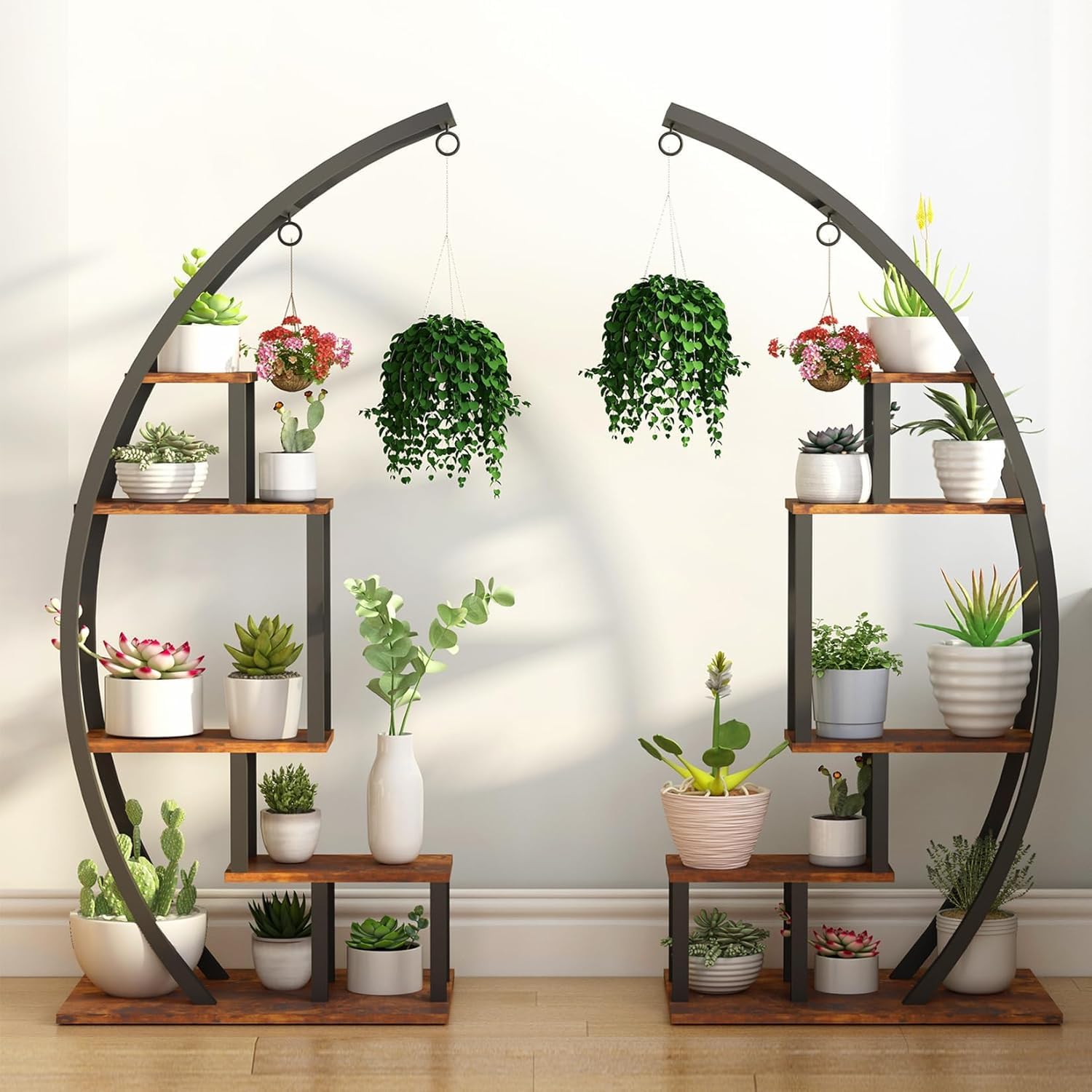 Garvee 5-Tier Half Moon Indoor Plant Stand - Metal Flower Shelf with Hanging Hooks for Indoor Gardening & Home Decor