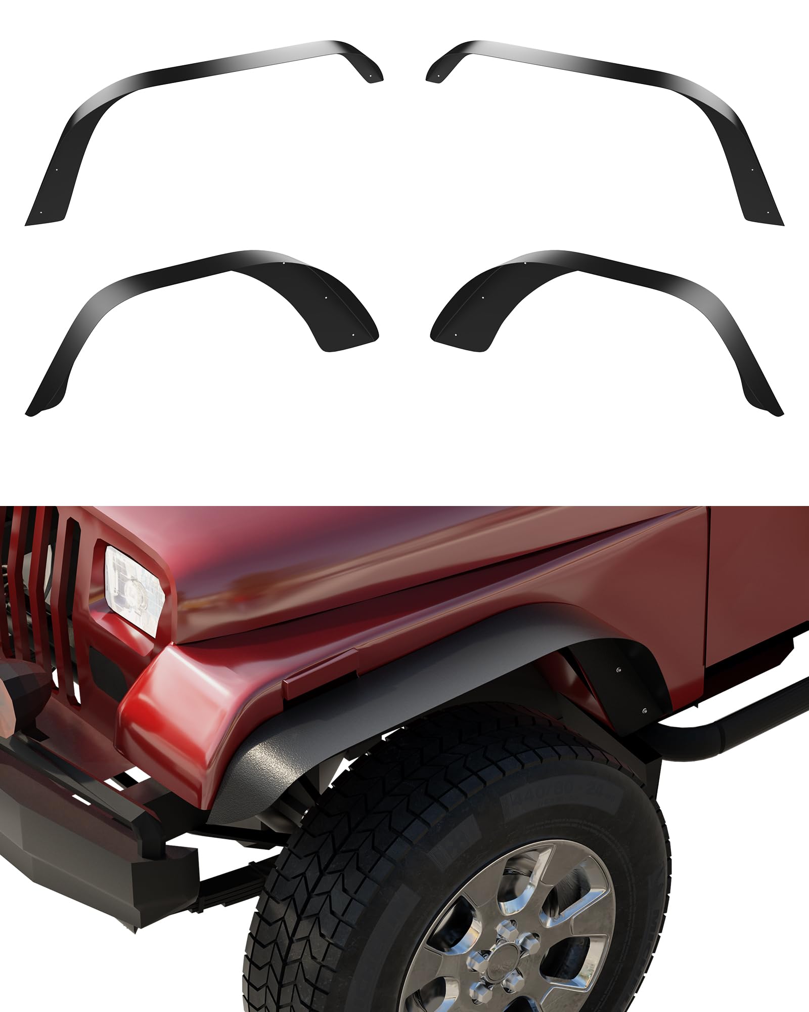Garvee 4 PCS Flat Front & Rear Fender Flares Fits For 1987-1995 Jeep Wrangler YJ, Off-Road Metal Steel Wheel Liner, Textured black