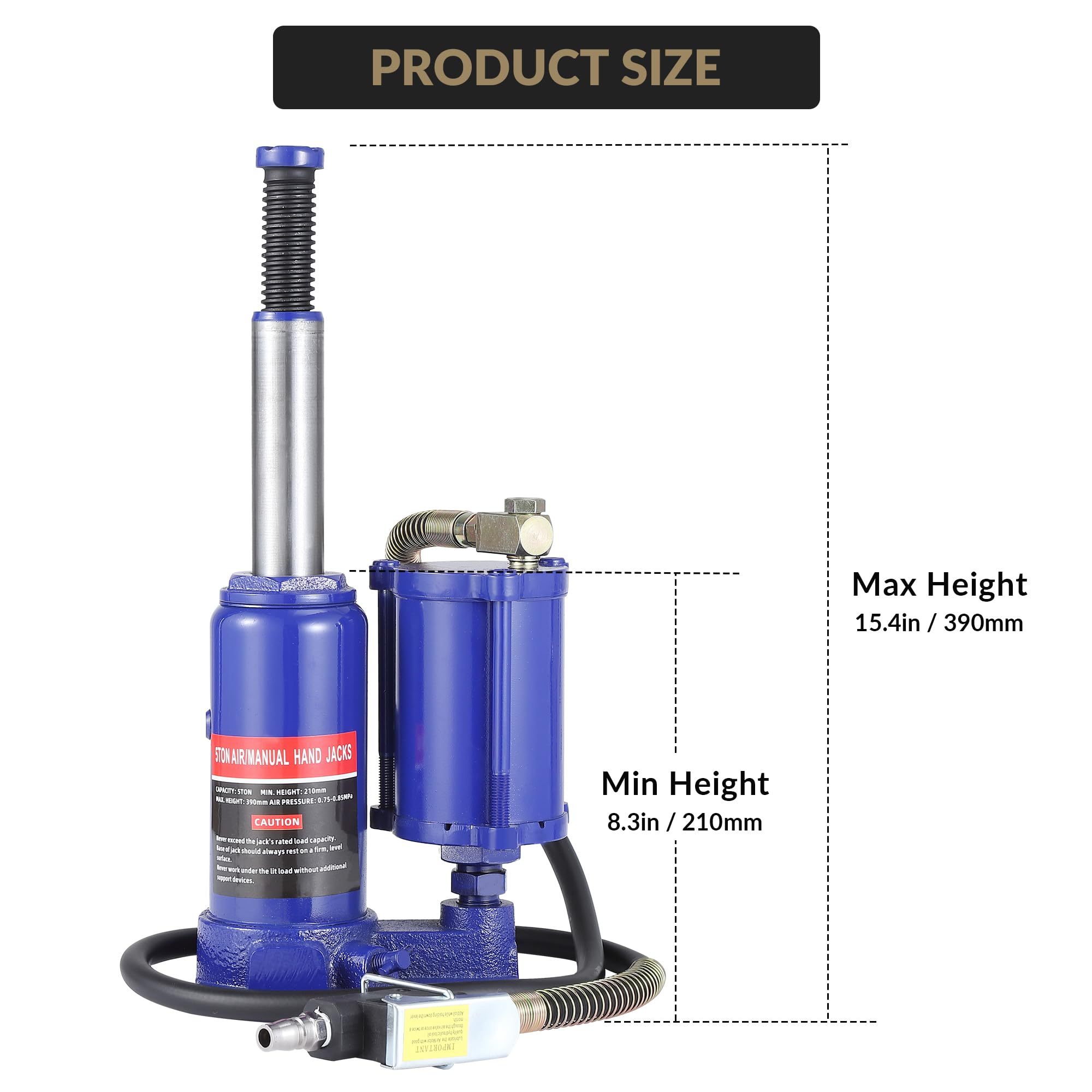 Garvee 5 Ton Pneumatic Air Hydraulic Bottle Jack with Manual Hand Pump, In-Line Cylinder, for Auto Repair & House Lifting