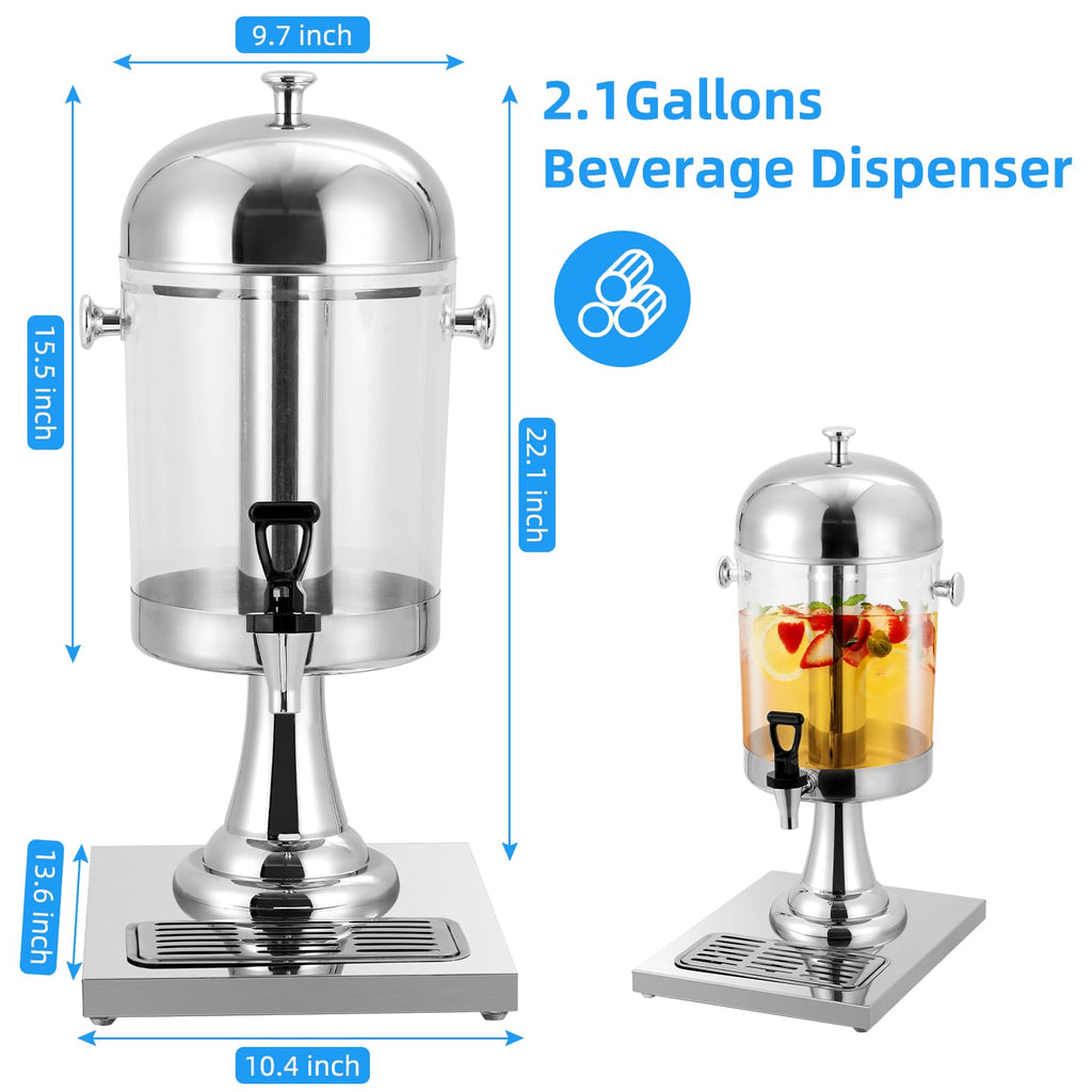 Garvee 2.2 Gallon Beverage Dispenser with Ice Core Stainless Steel Cold Drink Dispenser for Parties Weddings Events Compact Size Silver