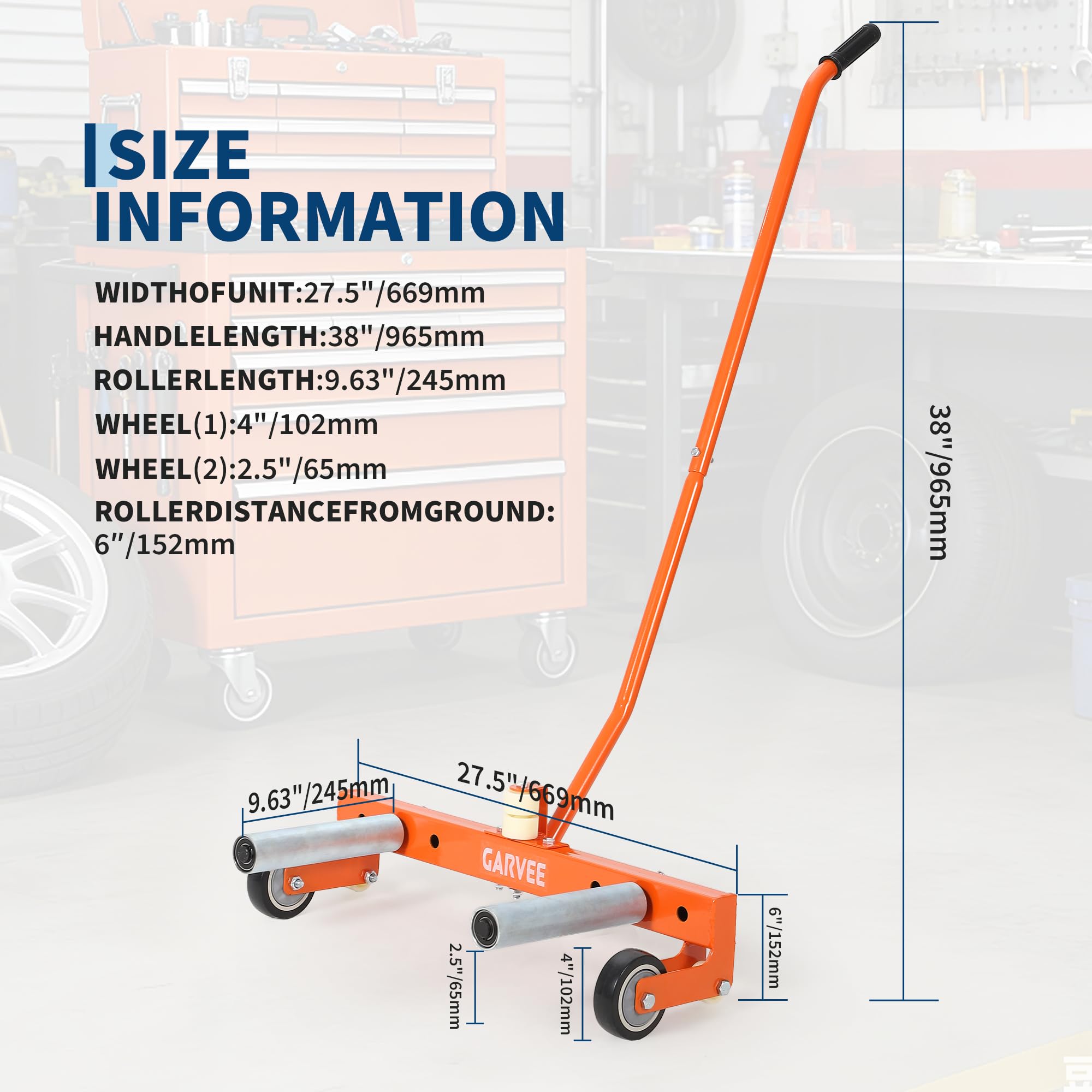Garvee Adjustable Tire Wheel Dolly 330LBS Tire Lifter for 23.5"-43.5" Wheels, Universal Fit, Black, Ergonomic Handle, Orange