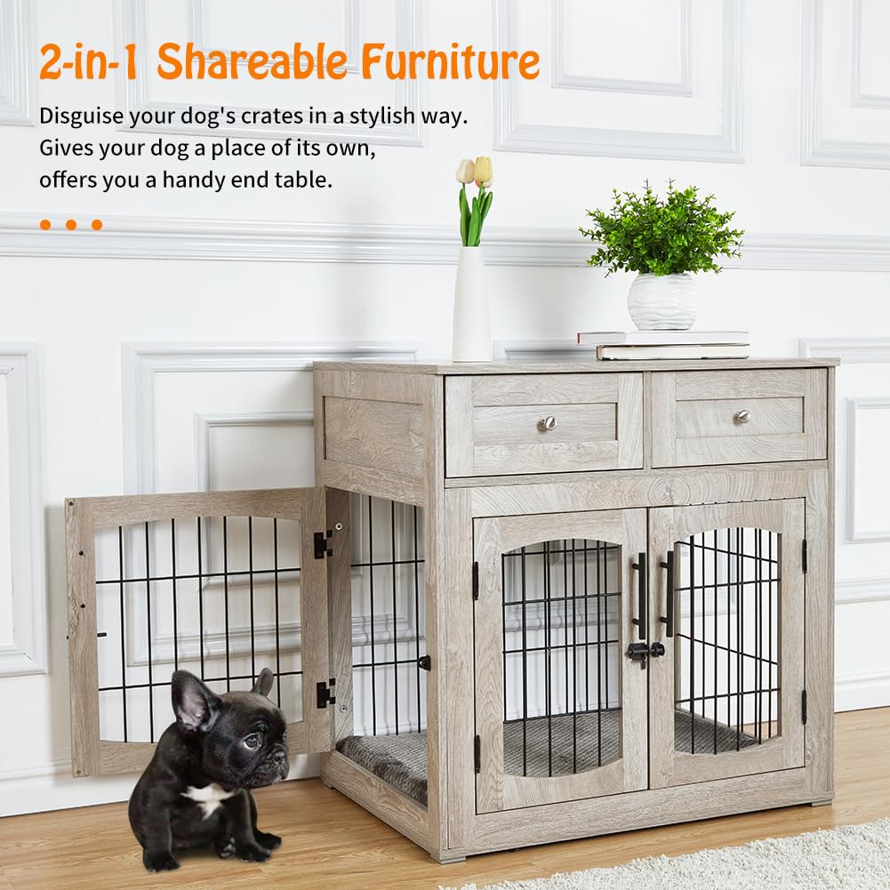 Garvee Dog Crate Furniture with Cushion,Wooden Dog Crate Table with 2 Drawers, 3-Doors Dog Furniture, Indoor Dog Kennel House Side End Table, Grey