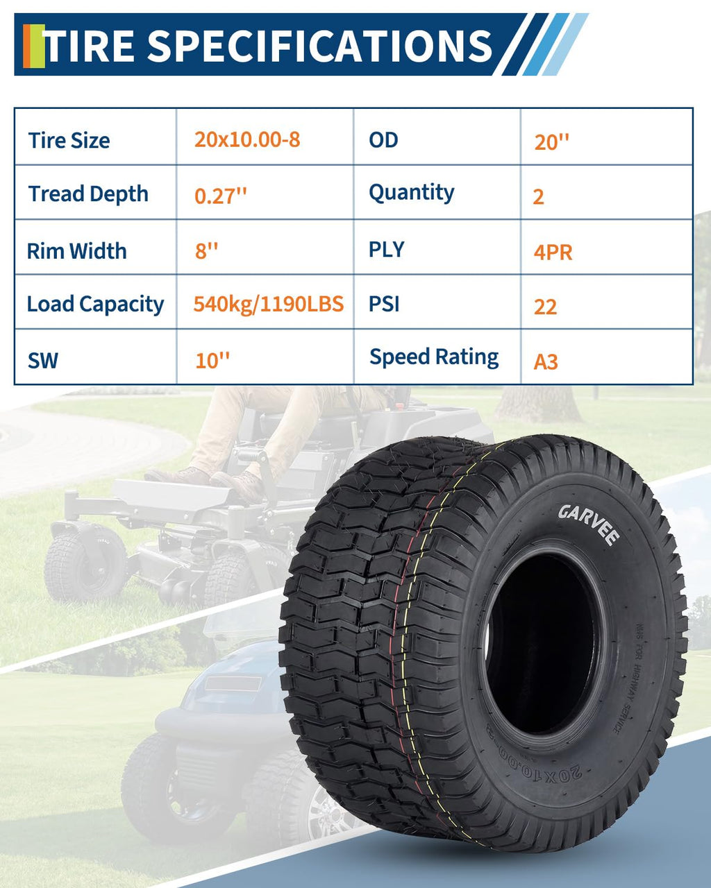 Garvee 2 Pack 20x10.00-8 Lawn Mower Tire V Pattern Tubeless For Lawn Garden Mowers Utility Vehicles 20x10-8 Black
