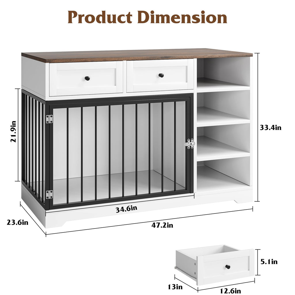 Garvee Large Wooden Dog Crate Furniture with 2 Drawers & 4 Shelves, Heavy Duty, Decorative Indoor Kennel, White