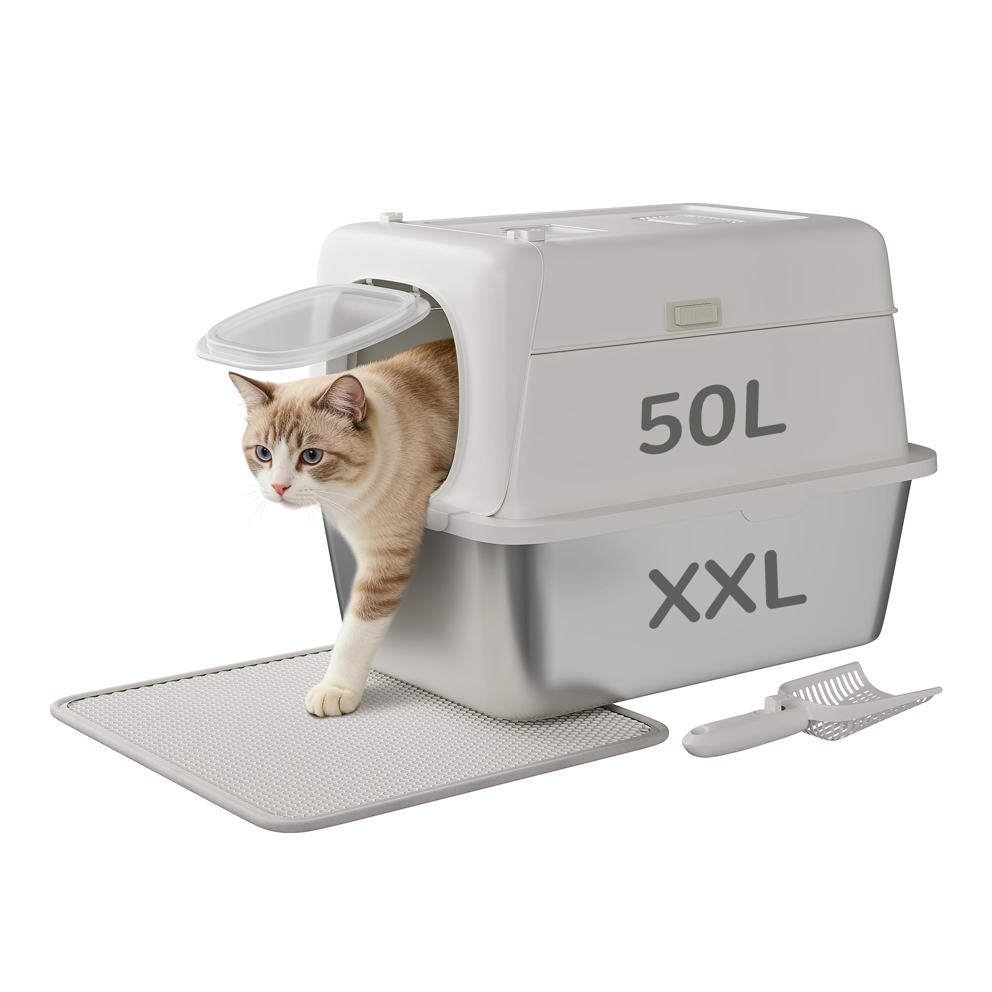 Garvee Stainless Steel Litter Box with Lid Large Enclosed Cat Litter Box for Big Cats Metal Cat Box with High Sided Enclosure Scoop Litter Mat Odor Free Anti-Leakage