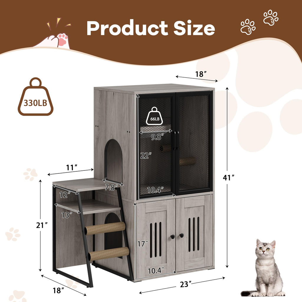 Garvee Cat Litter Box Enclosure with Doors, Double Cat House with Storage, Ladder, Grey, 22.6"L x 17.7"W x 10.9"H