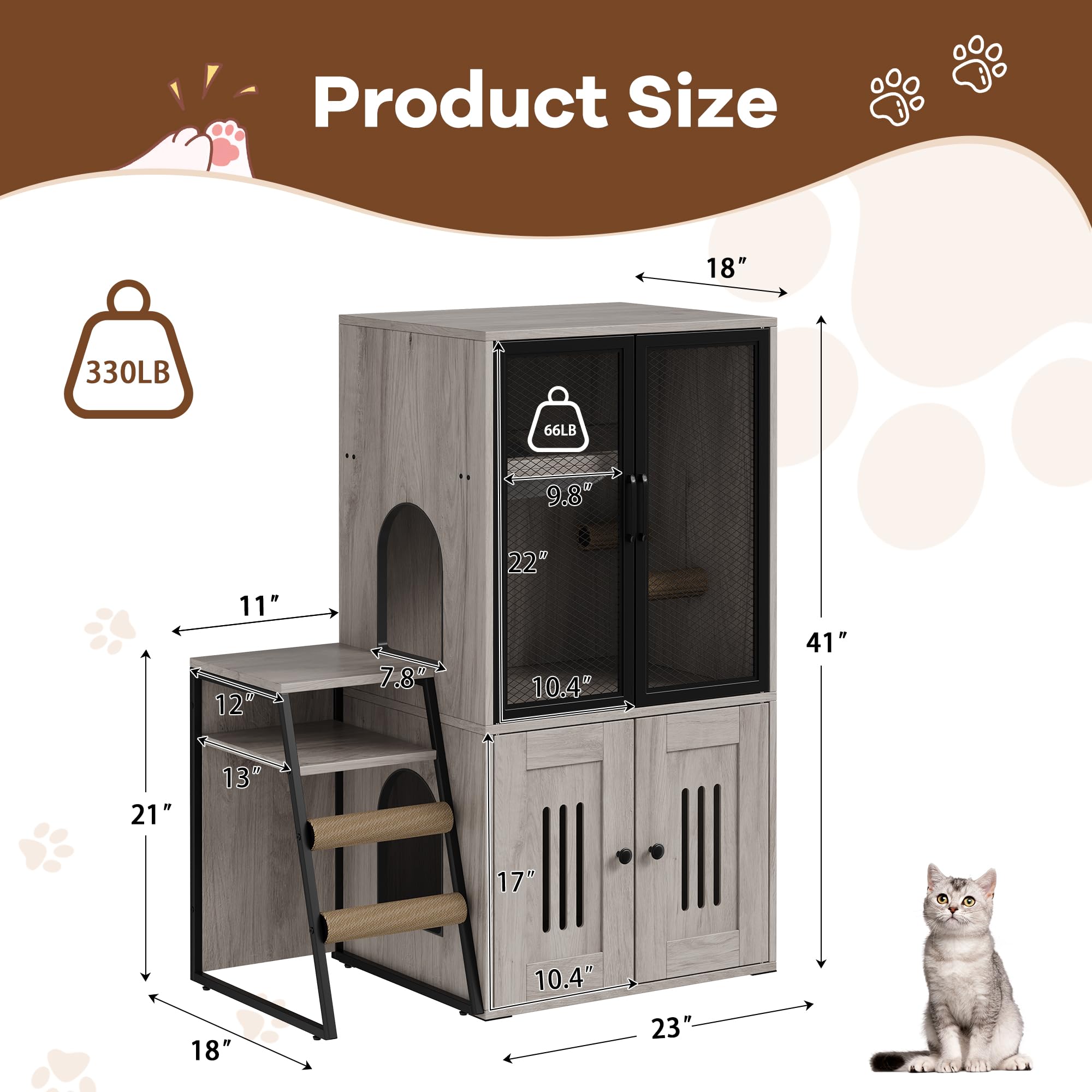 Garvee Cat Litter Box Enclosure with Doors, Double Cat House with Storage, Ladder, Grey, 22.6"L x 17.7"W x 10.9"H