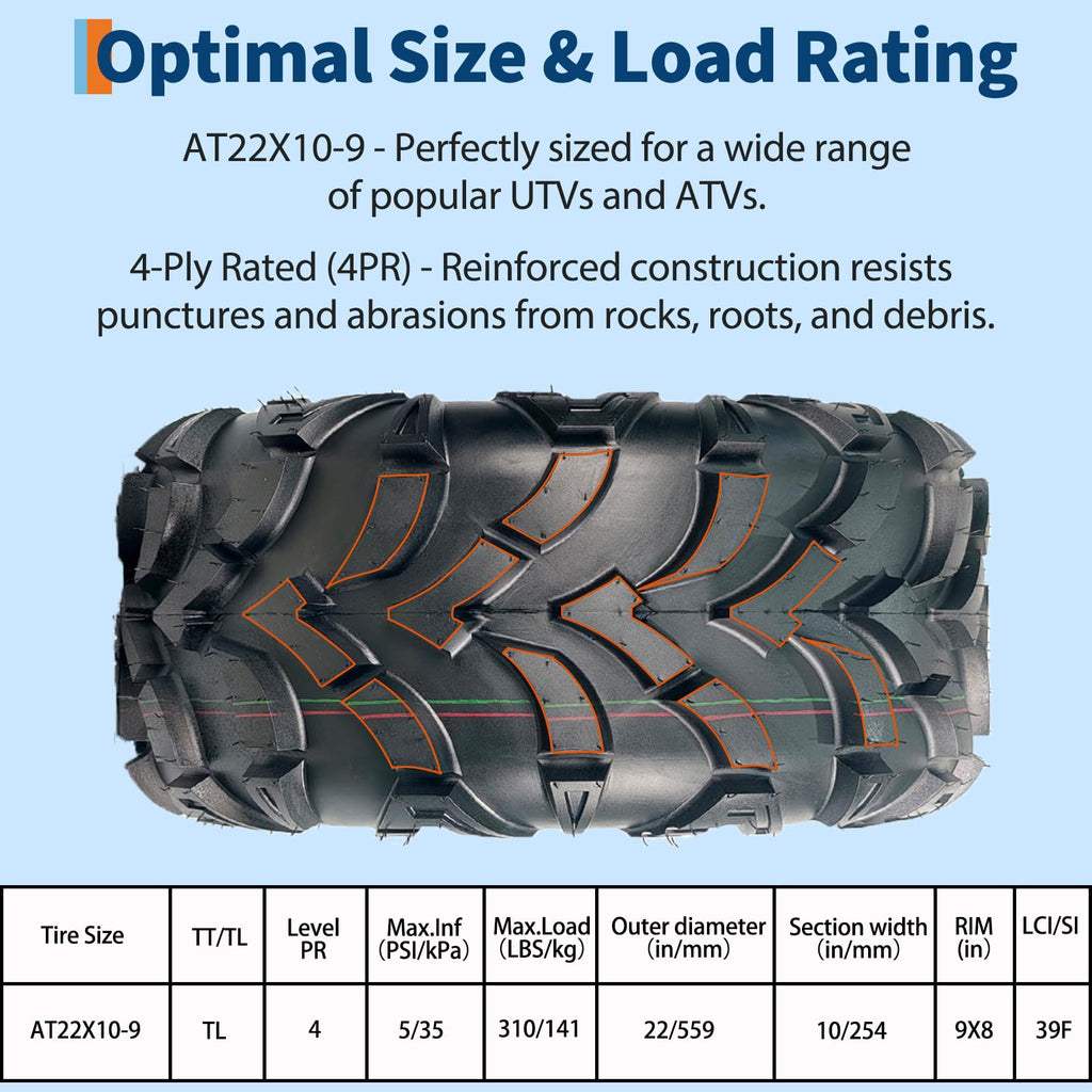 Garvee 22x10-9 ATV Tires 2-Pack Rear 4PR All Terrain Trail Sand Tubeless Reinforced Sidewall