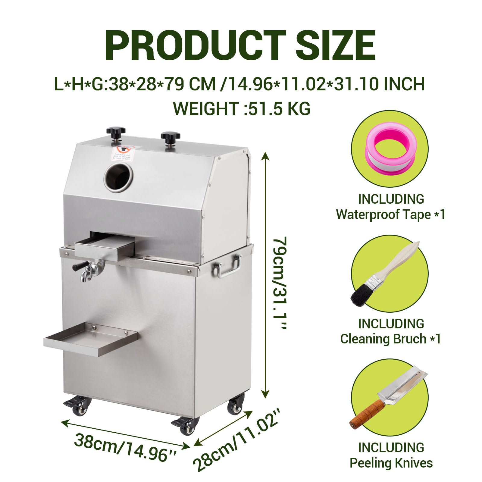 Garvee Sugarcane Juicer, 800W Sugarcane Juicer with 3 Stainless Steel Drums, 2.4-inch Large Inlet, Wheeled Sugarcane Juicer, 661LBS/H, Suitable for Home/Commercial Use