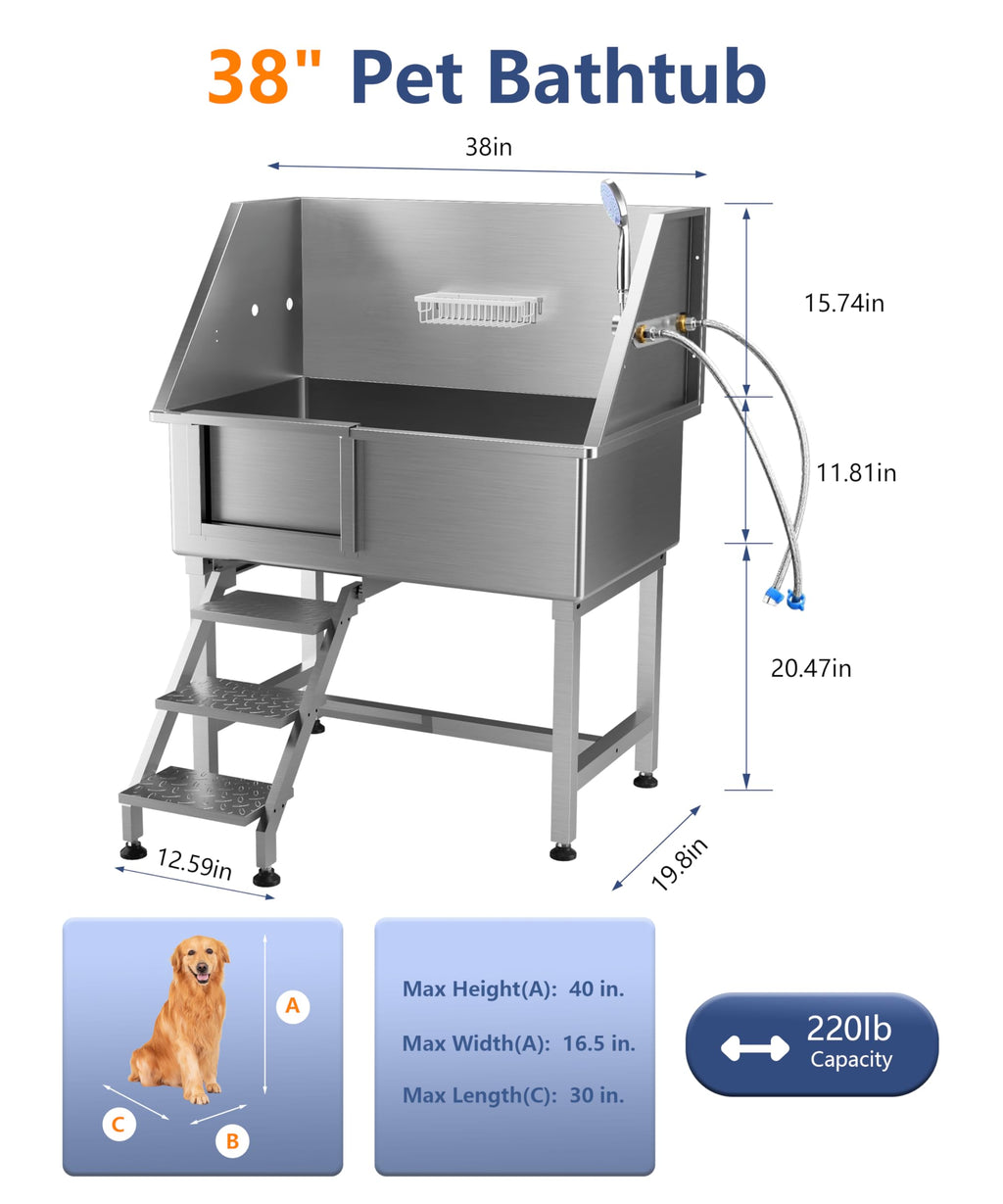 Garvee 38" Dog Grooming Bathtub, Professional Stainless Steel Pet Dog Bathing Station for Medium,Small Pets, Left Door & Stairs with Faucet, Sprayer, Drain
