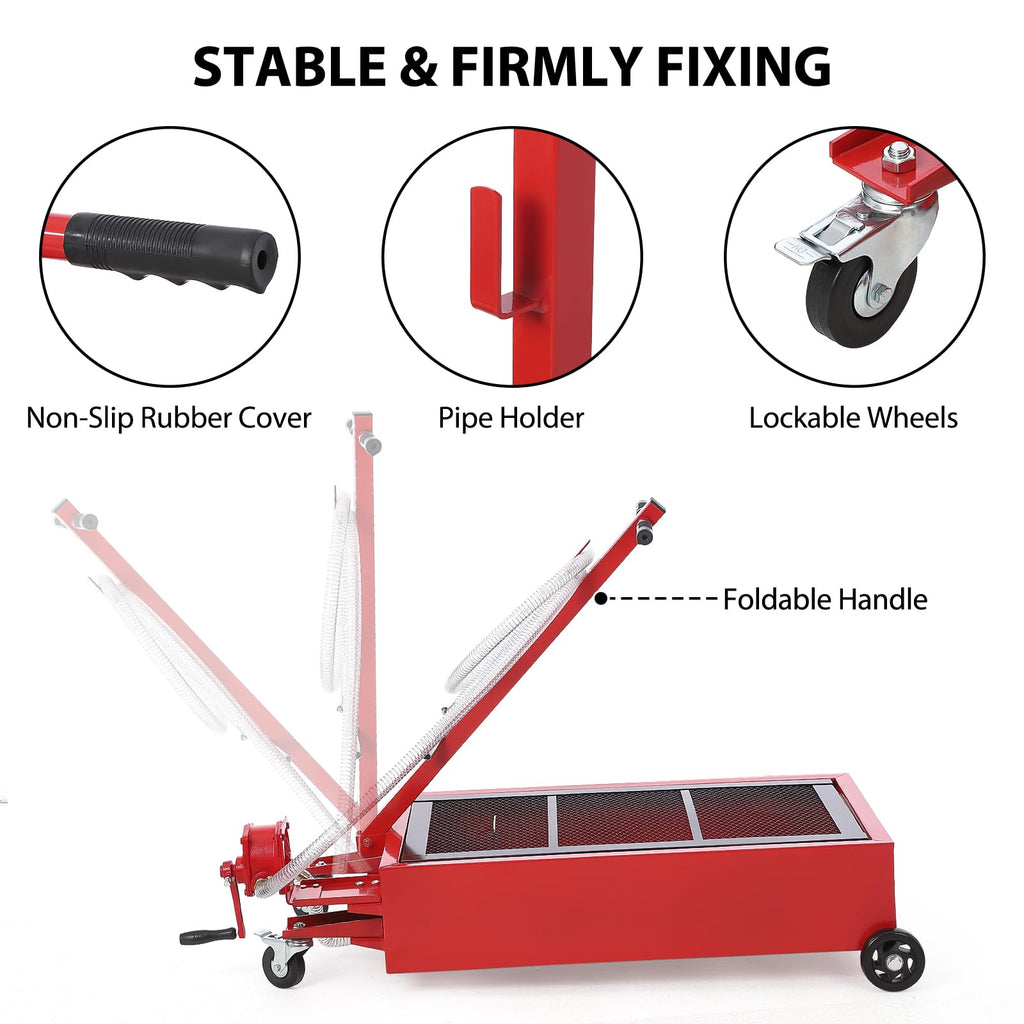 Garvee 20 Gallon Oil Drain Pan Oil Drain Tank, 76L Low Profile Oil Drain Pan, Large Capacity Oil Change Pan with Manual Pump & T Foldable Hand and Wheels, 7.5FT Hose Oil Drain Cart for Car, SUV, Trucks