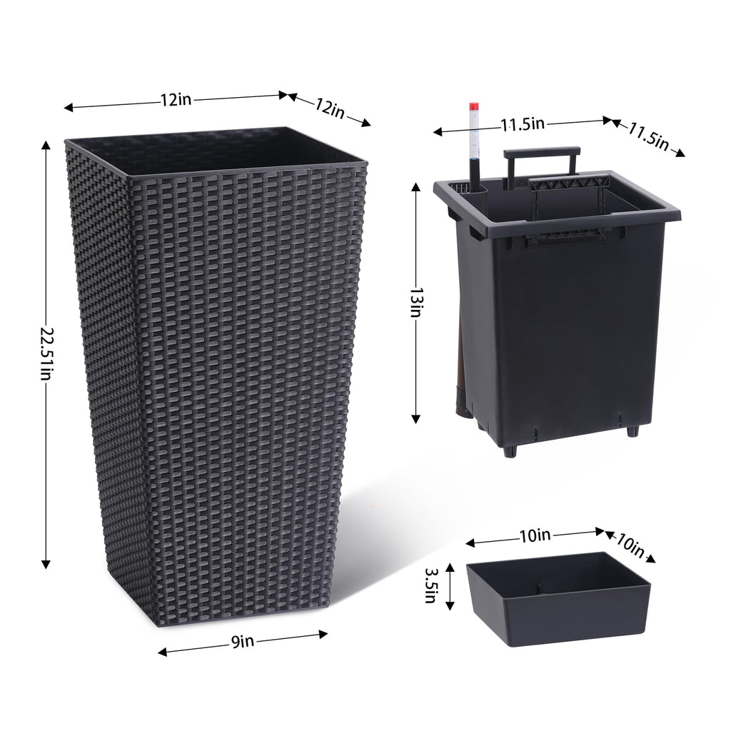 Garvee 23" Tall Planters Set of 2, Outdoor＆Indoor Planter Pots, High Front Porch Planter Pots with Drainage Holes＆Water Level Monitor＆Inner Bucket, Automatic Watering, Convenience Instill, Black