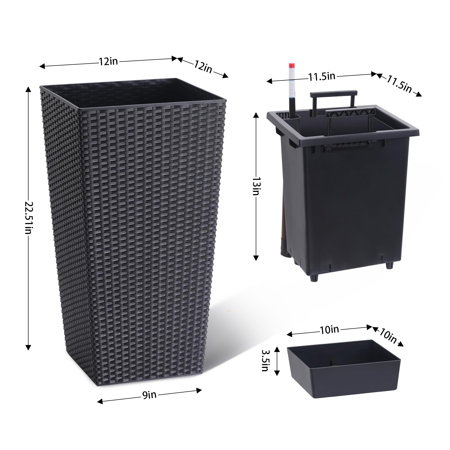 Garvee 23" Tall Planters Set of 2, Outdoor＆Indoor Planter Pots, High Front Porch Planter Pots with Drainage Holes＆Water Level Monitor＆Inner Bucket, Automatic Watering, Convenience Instill, Black