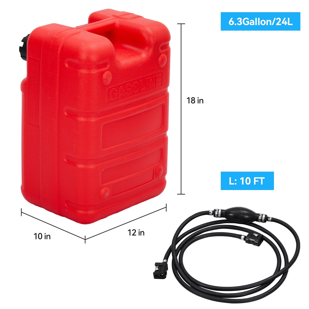 Garvee 6 Gallon Portable Marine Fuel Tank - Outboard Boat Gas Tank with Fuel Line and I-Shape Handle, Durable and Easy-to-Carry Fuel Storage Solution for Vessels and Marine Use, Red