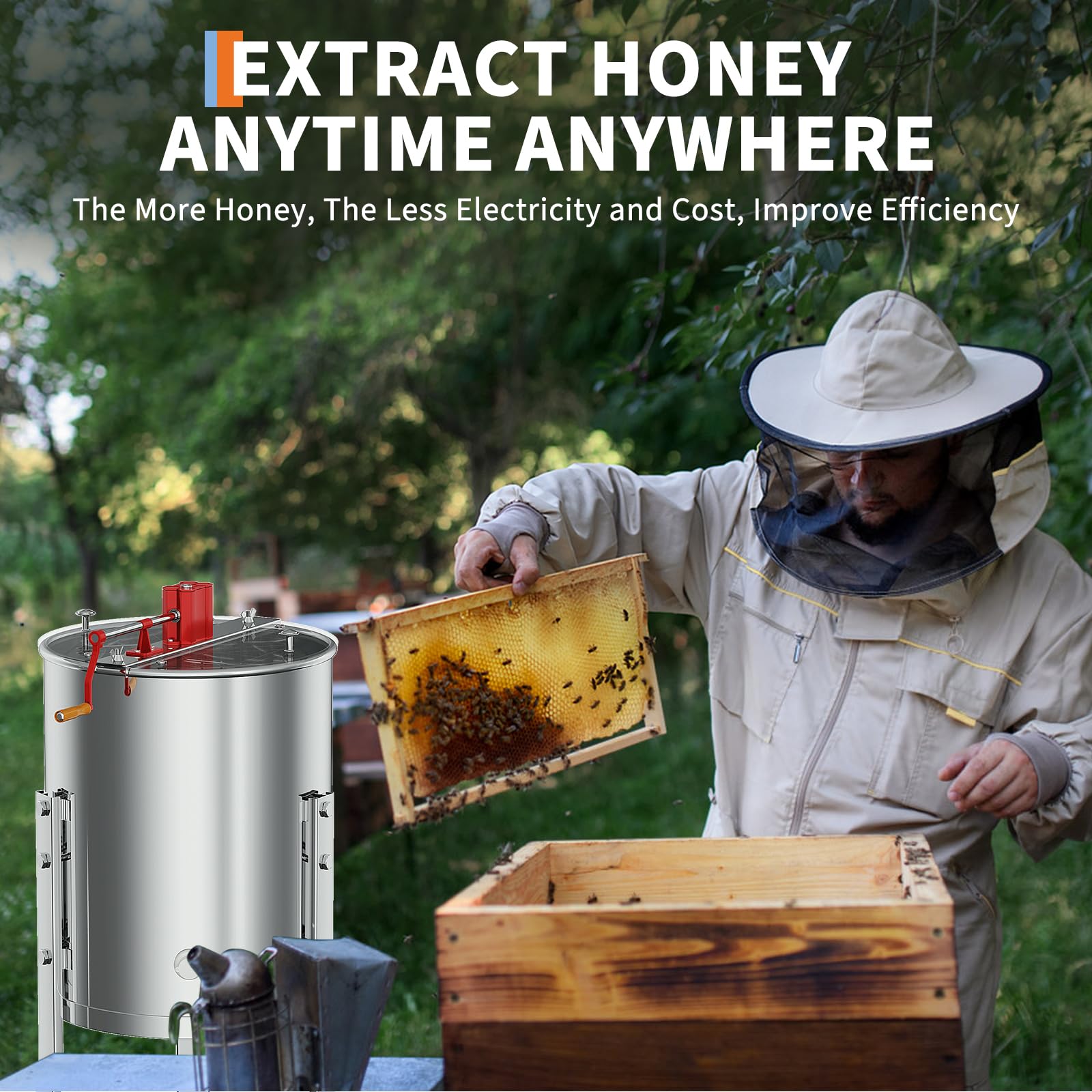 Garvee Manual 4 Frame Honey Extractor – Food-Grade Stainless Steel with Adjustable Stand & Transparent Lid for Small-Scale Beekeeping & Harvesting