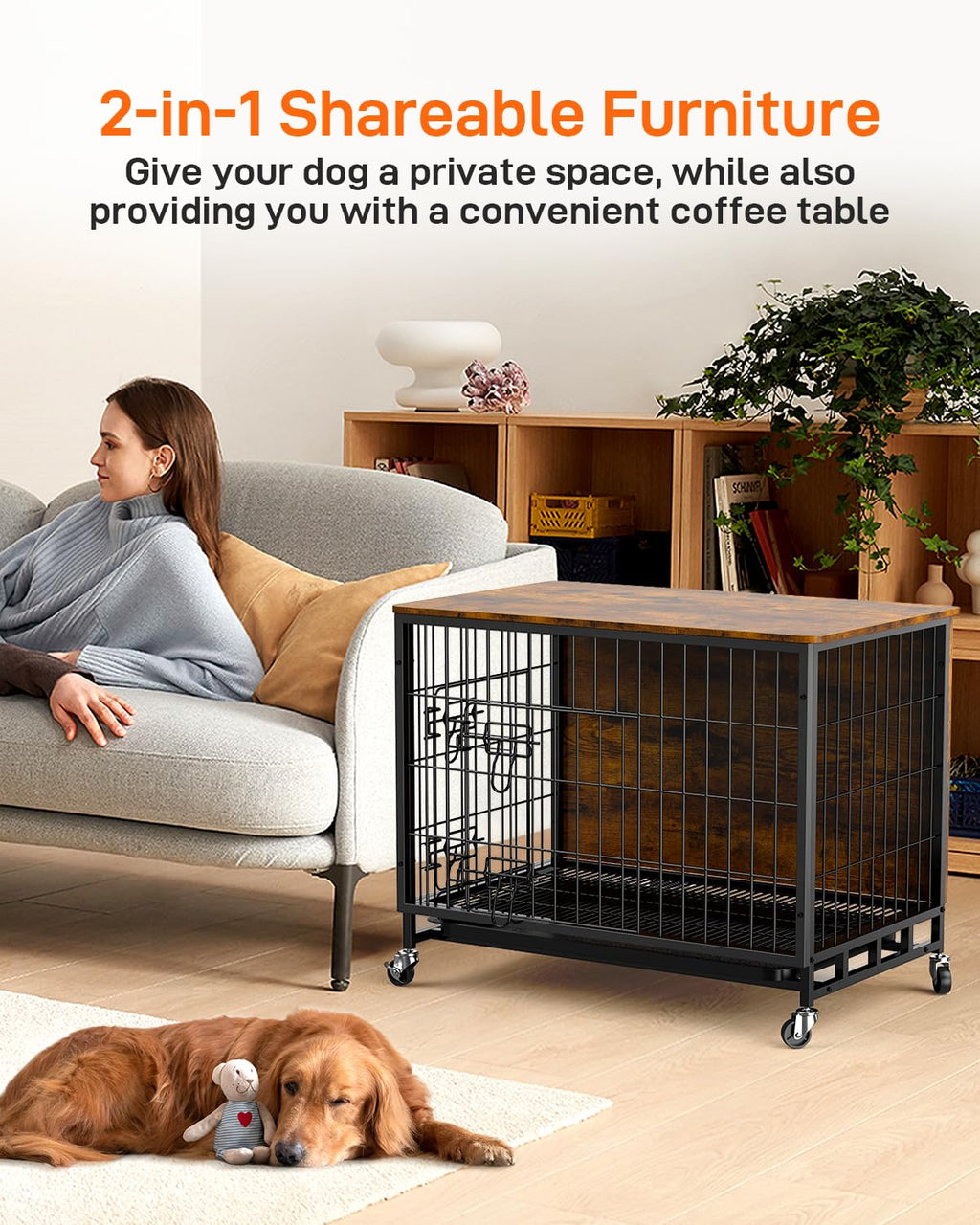 Garvee Furniture-Style Dog Crate – Deluxe Wooden Dog Kennel with Removable Tray and Wheels, Heavy-Duty Double-Doors 32.5" Dog Cage End Table, Indoor Dog House for Large Dogs, Brown