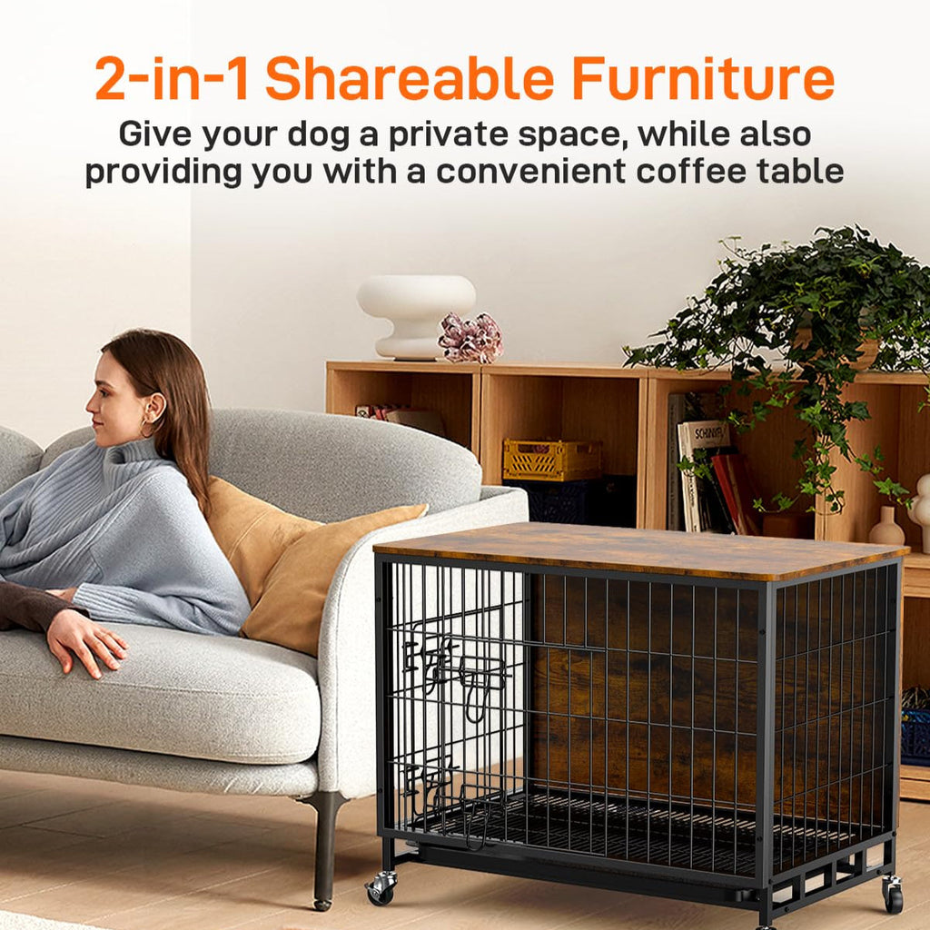 Garvee Dog Crate Furniture, Compact 27.2" Small Dog Dual-Entry Kennel Meets Elegant End Table, Effortless Maintenance, Chew-Resistant, Easy Mobility for Cozy Spaces, Brown