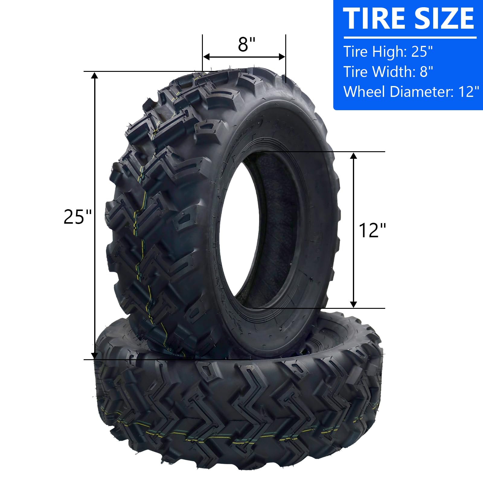 Garvee 25x8-12 ATV/UTV Tires, 6PR All Terrain Tubeless, Set of 2, for Trail Sand Mud Stream Off-Road