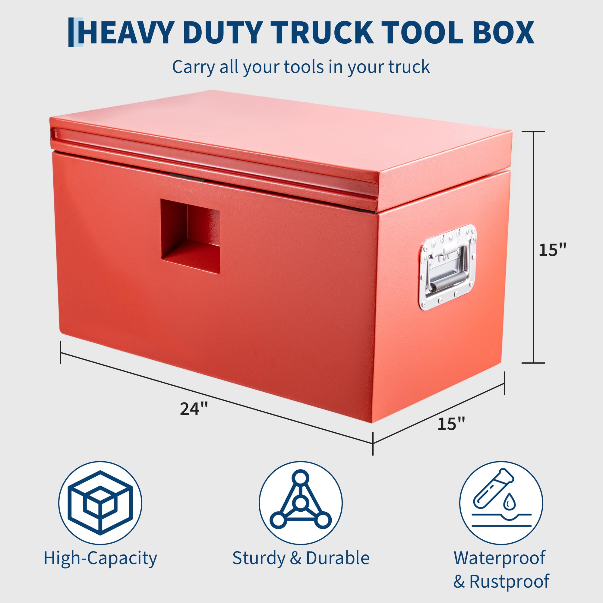 Garvee 24"x15"x15" Steel Truck Tool Box - Heavy-Duty, Dual Lids, Lockable, Weatherproof Storage for Pickup Truck Beds, RVs, and Trailers, Red