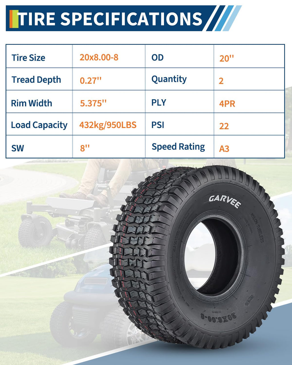 Garvee 2 Pack 20x8.00-8 Lawn Mower Tire V Pattern Tubeless for Lawn & Garden Riding Mower Tractor Golf Cart Utility Vehicles 20x8-8 Black
