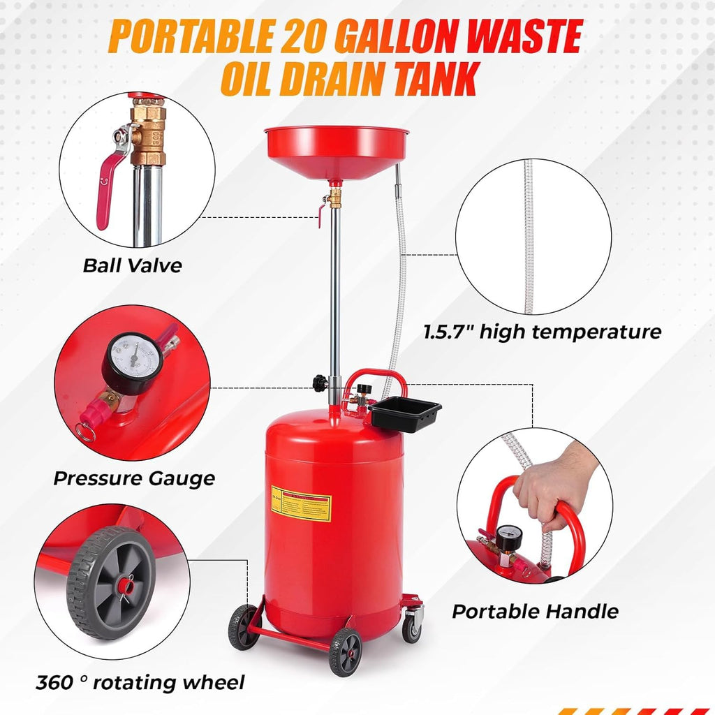 Garvee 20 Gallon Oil Drain Tank with Adjustable Funnel, Portable Air-Operated Container, Rust-Proof, Wheels & Toolbox, Red