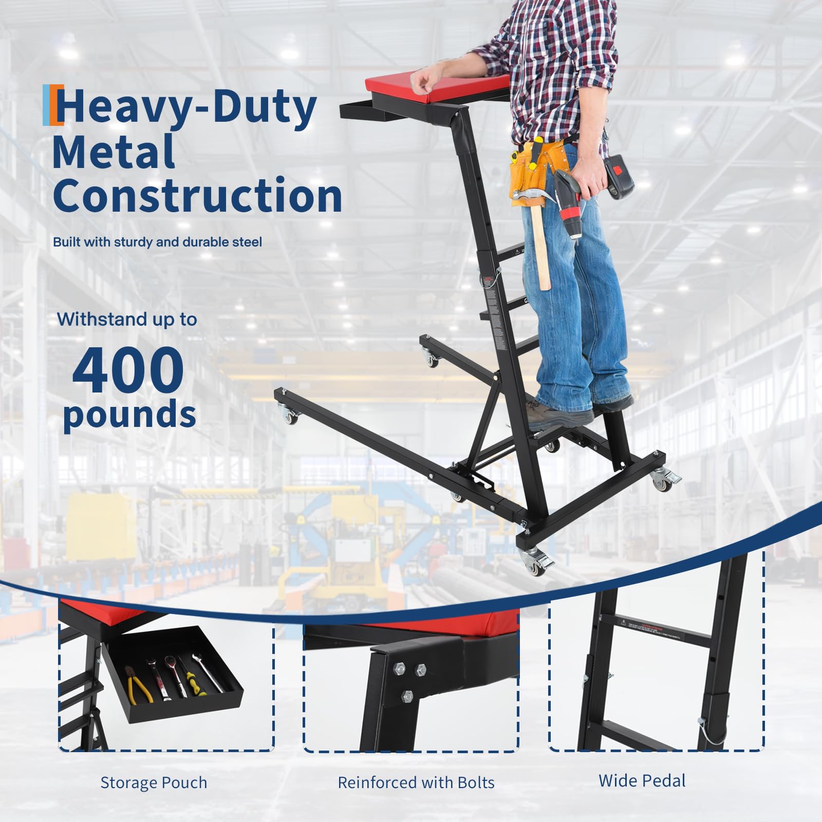Garvee Heavy-Duty Foldable Automotive Engine Creeper, Adjustable Height 45" to 66", 400 lbs Capacity, with 6 Wheels, Storage Tray, and Padded Deck for Auto Repair & Trucks