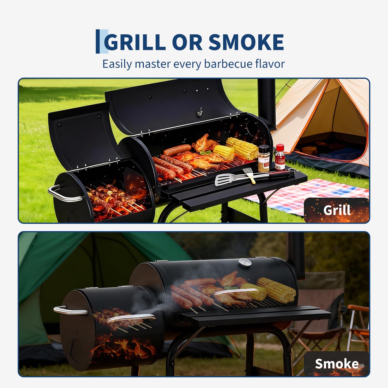 Garvee 43" Charcoal Grill with Offset Smoker - 358 SQ In Dual-Chamber BBQ Smoker Grill with Built-In Thermometer & Wheels, Matte Black