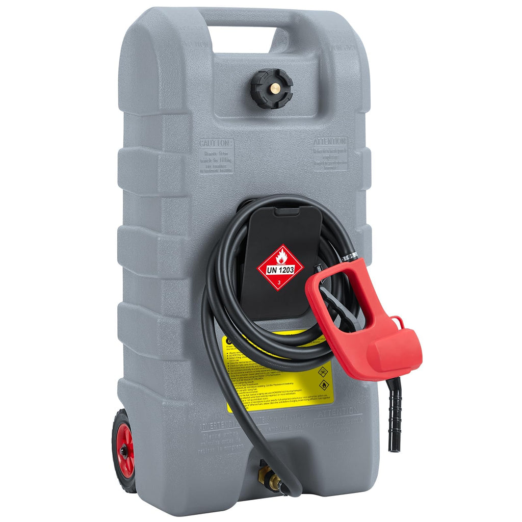 Garvee Upgraded 16 Gallon Gas Tank, Heavy-Duty Fuel Can with Manual Transfer Pump, 10FT Hose, and Casters, Leak-Proof Portable Gas Container for Lawn Mowers, Tractors, Boats, and Snow Blowers, Grey