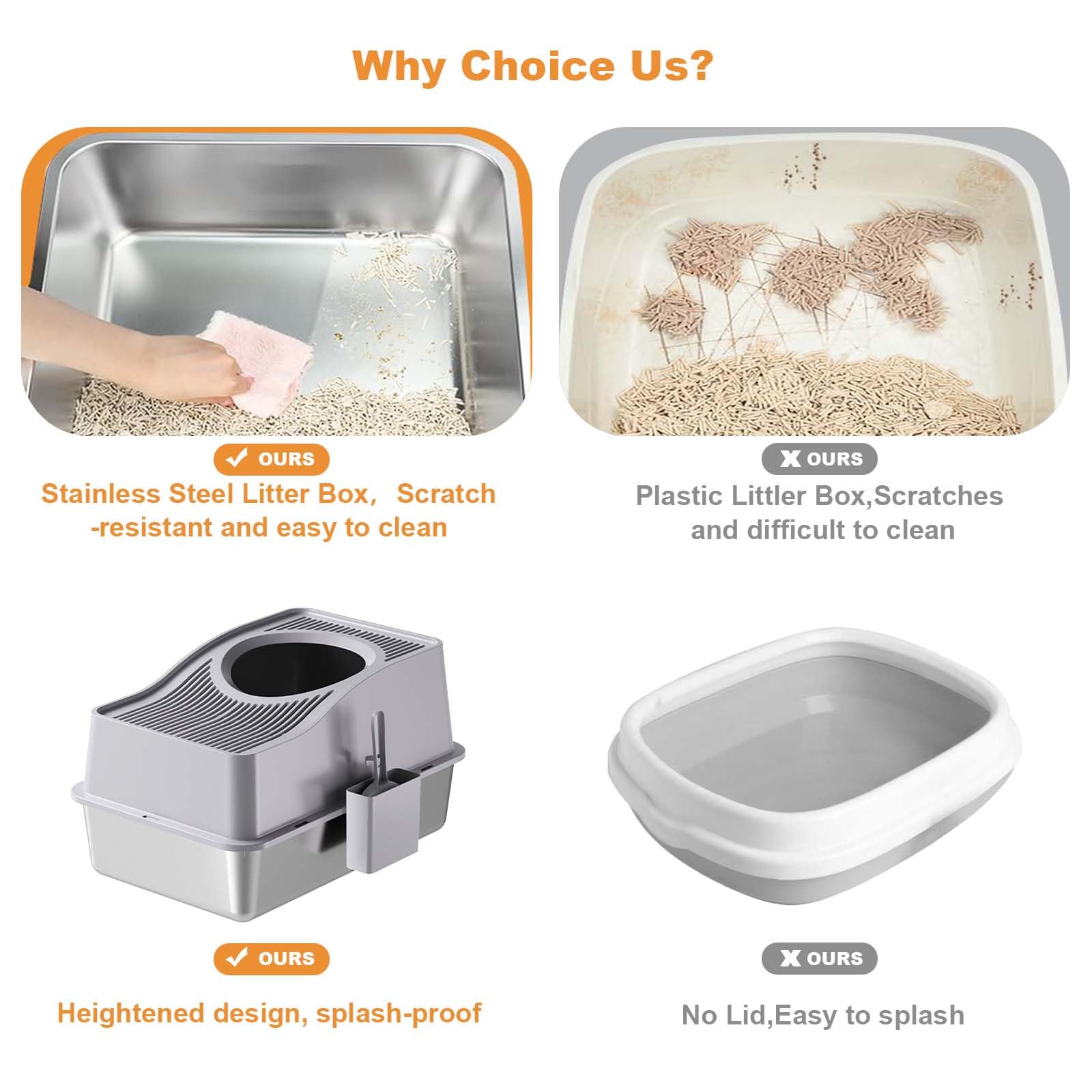 Garvee Stainless Steel Cat Litter Box with Hollow Lid and Heightened Lid Anti-Splashing, Top-Entry Deodorizing Large Cat Toilet, Grey, 60x40x39.5cm, Basin 20cm High
