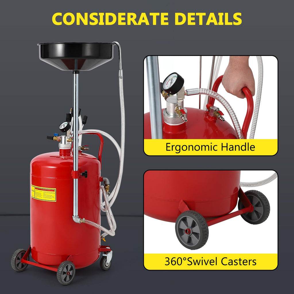 Garvee 20 Gallon Oil Drain Vacuum and Extractor, Pneumatic Oil Drainer, Portable Oil Drain Container with Adjustable Funnel, Steel, Rust-Resistant, Height Adjustable，Upgraded Version Red