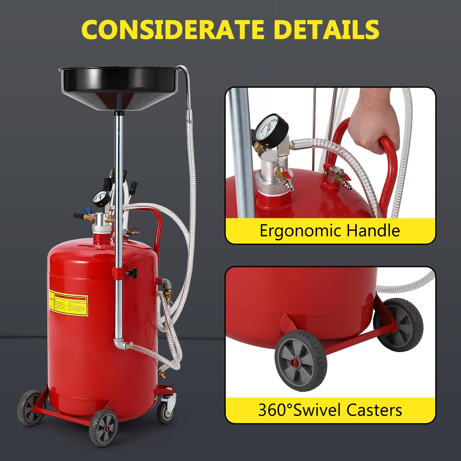 Garvee 20 Gallon Oil Drain Vacuum and Extractor, Pneumatic Oil Drainer, Portable Oil Drain Container with Adjustable Funnel, Steel, Rust-Resistant, Height Adjustable，Upgraded Version Red