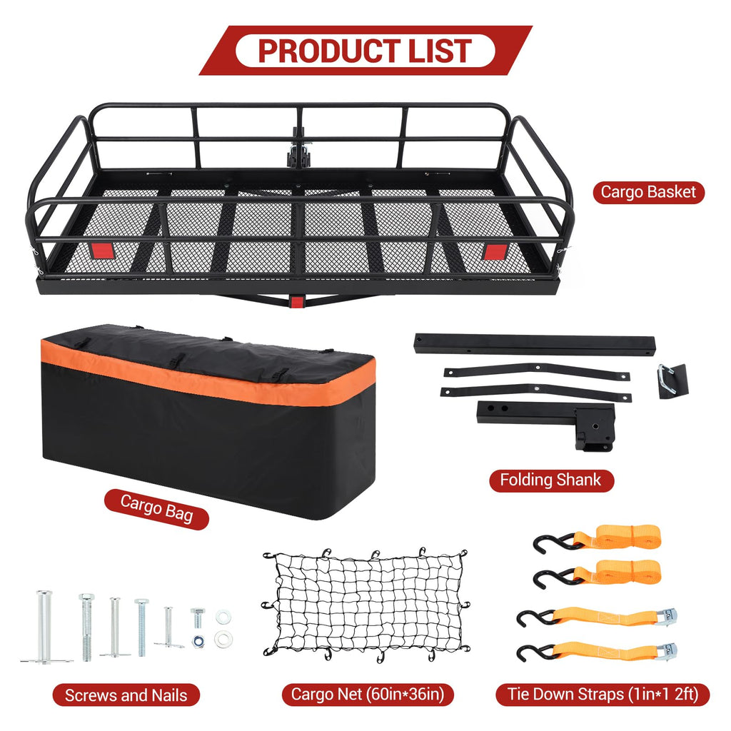 Garvee Hitch Mount Cargo Carrier Basket 60"x24"x14" Black Steel 500 Lbs Capacity for Cars and SUVs