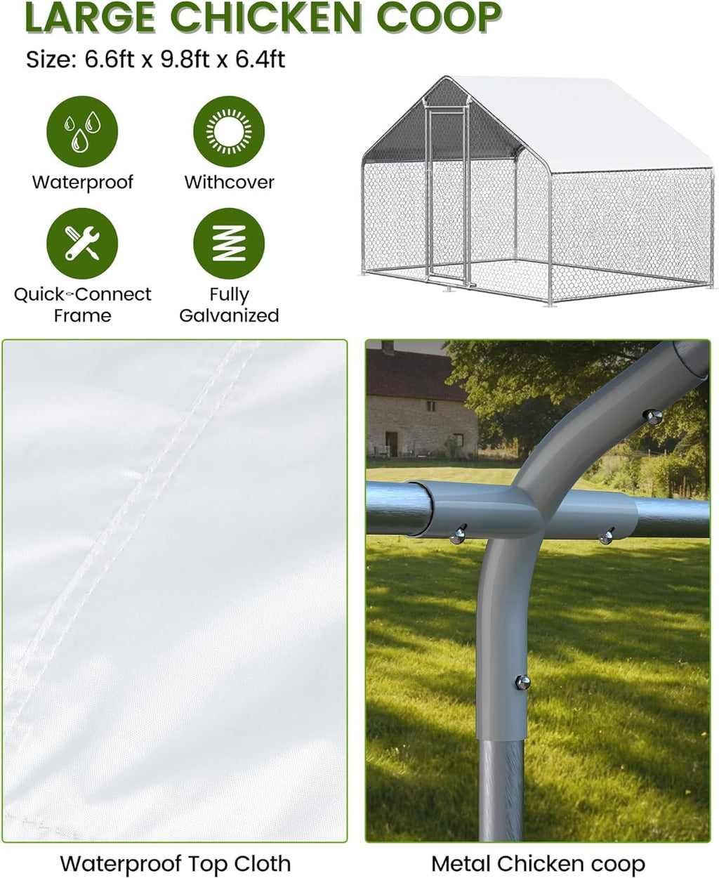 Garvee Large Chicken Coop, Metal Chicken Run for Yard with Waterproof and Anti-UV Cover, Walk in Fence Cage for Outdoor Farm Use(6.6ft x 9.8ft x 6.4ft)
