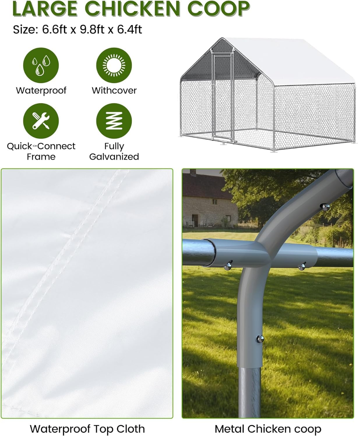 Garvee Large Chicken Coop, Metal Chicken Run for Yard with Waterproof and Anti-UV Cover, Walk in Fence Cage for Outdoor Farm Use(6.6ft x 9.8ft x 6.4ft)
