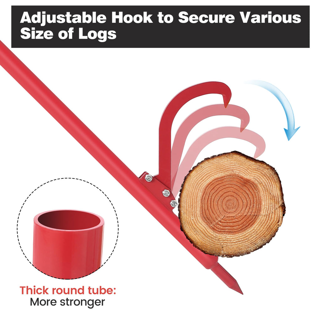 Garvee 60in Steel Cant Hook for Logs, Rubber Grip, Adjustable Hook, Log Roller Tool for Sawyers, Loggers, Wood Workers, Firewood Enthusiasts, Red